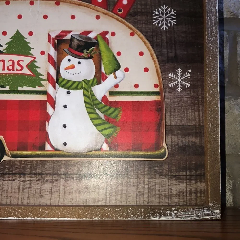 Shabby Chic Merry Christmas Camper Snowman Wooden Light up Picture